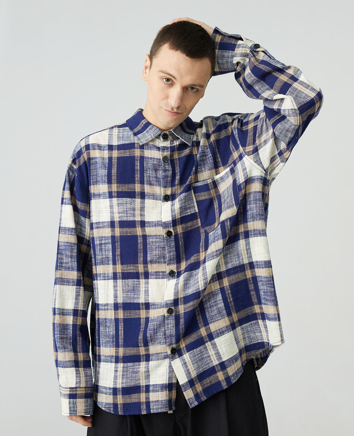 Dropped Shoulder Cotton Linen Vintage Plaid Shirt