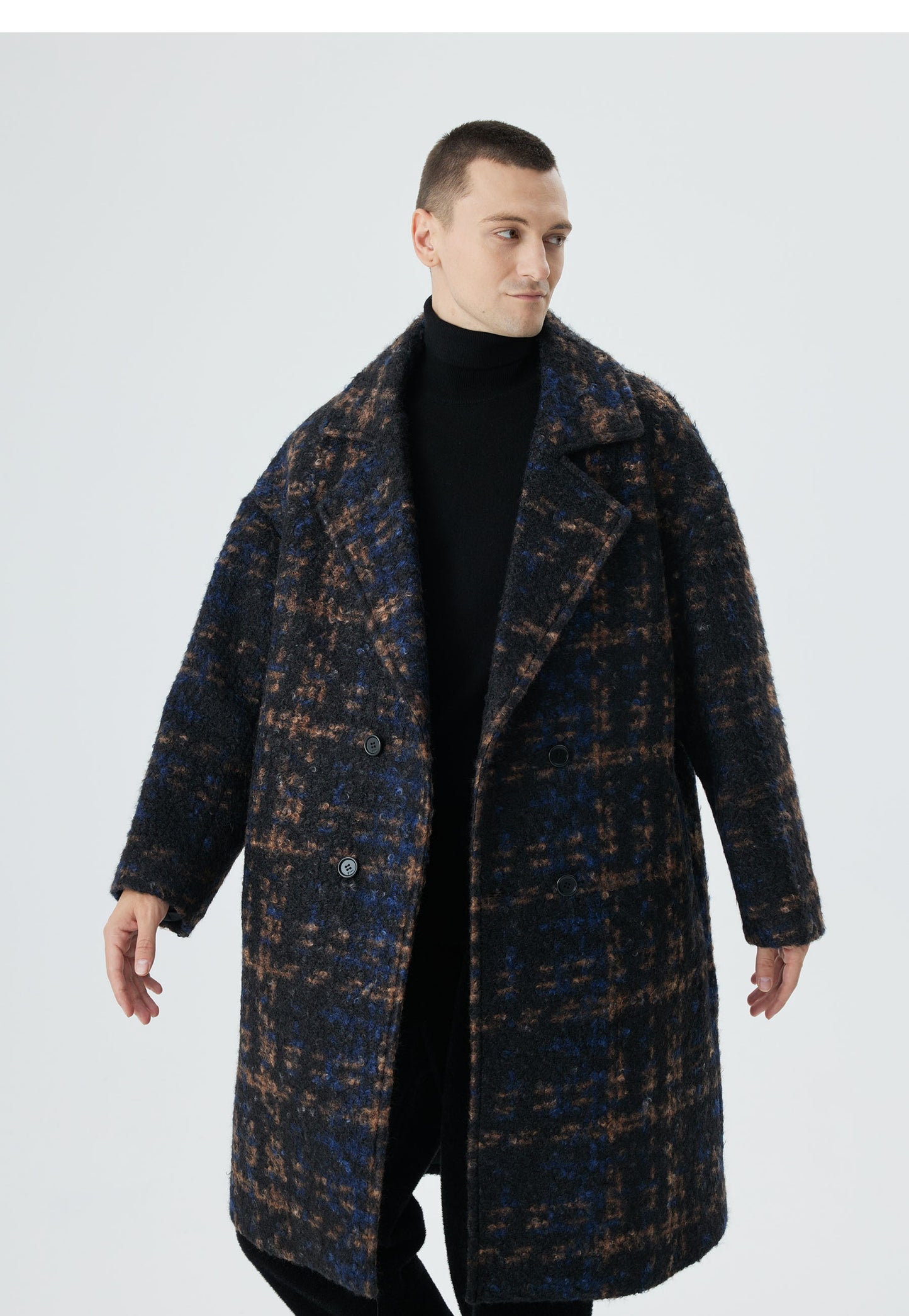 Double-Breasted Overcoat with Bold Plaid Pattern