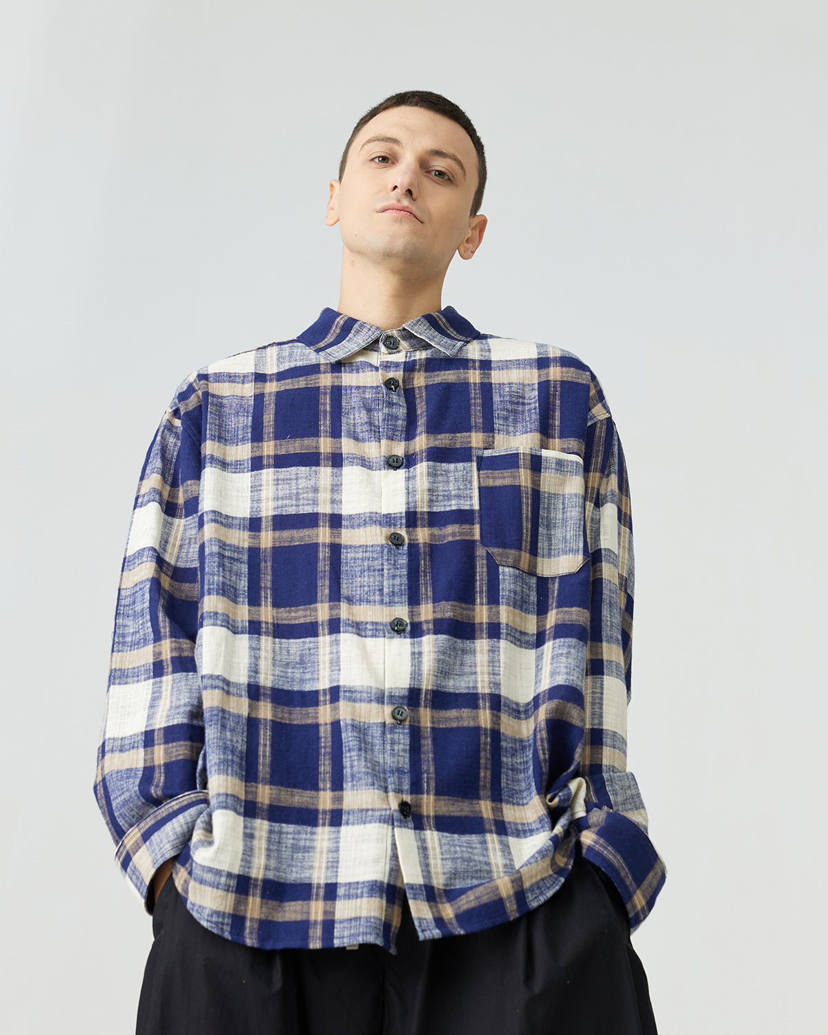 Dropped Shoulder Cotton Linen Vintage Plaid Shirt