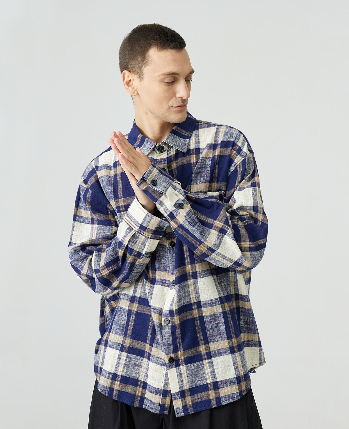 Dropped Shoulder Cotton Linen Vintage Plaid Shirt