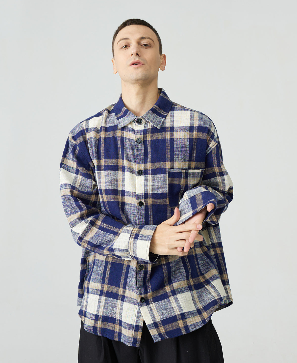 Dropped Shoulder Cotton Linen Vintage Plaid Shirt