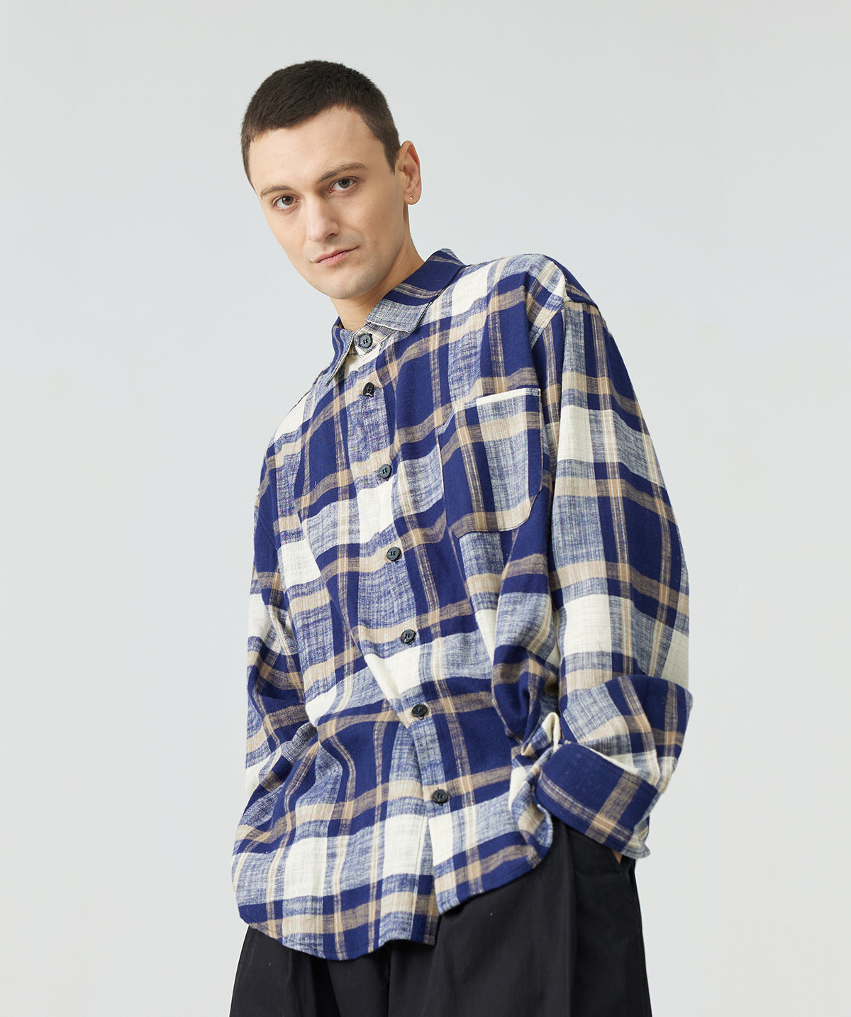 Dropped Shoulder Cotton Linen Vintage Plaid Shirt