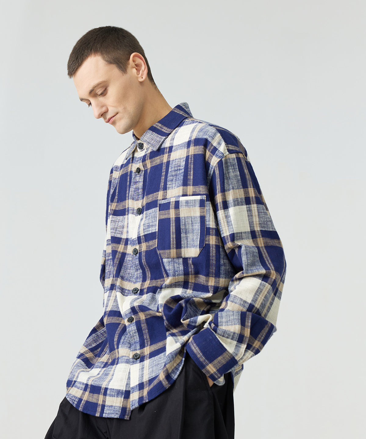 Dropped Shoulder Cotton Linen Vintage Plaid Shirt