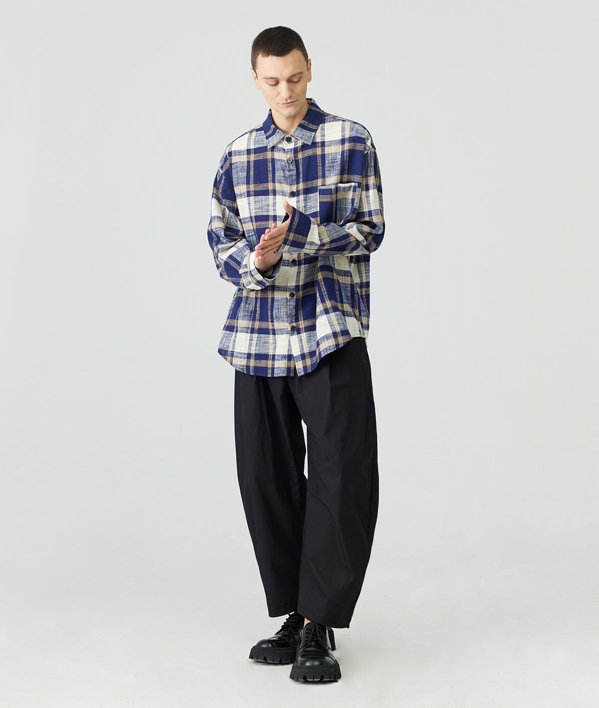 Dropped Shoulder Cotton Linen Vintage Plaid Shirt