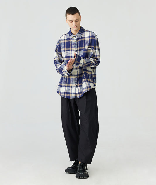 Dropped Shoulder Cotton Linen Vintage Plaid Shirt