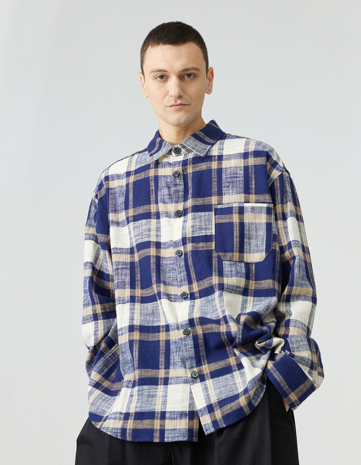 Dropped Shoulder Cotton Linen Vintage Plaid Shirt