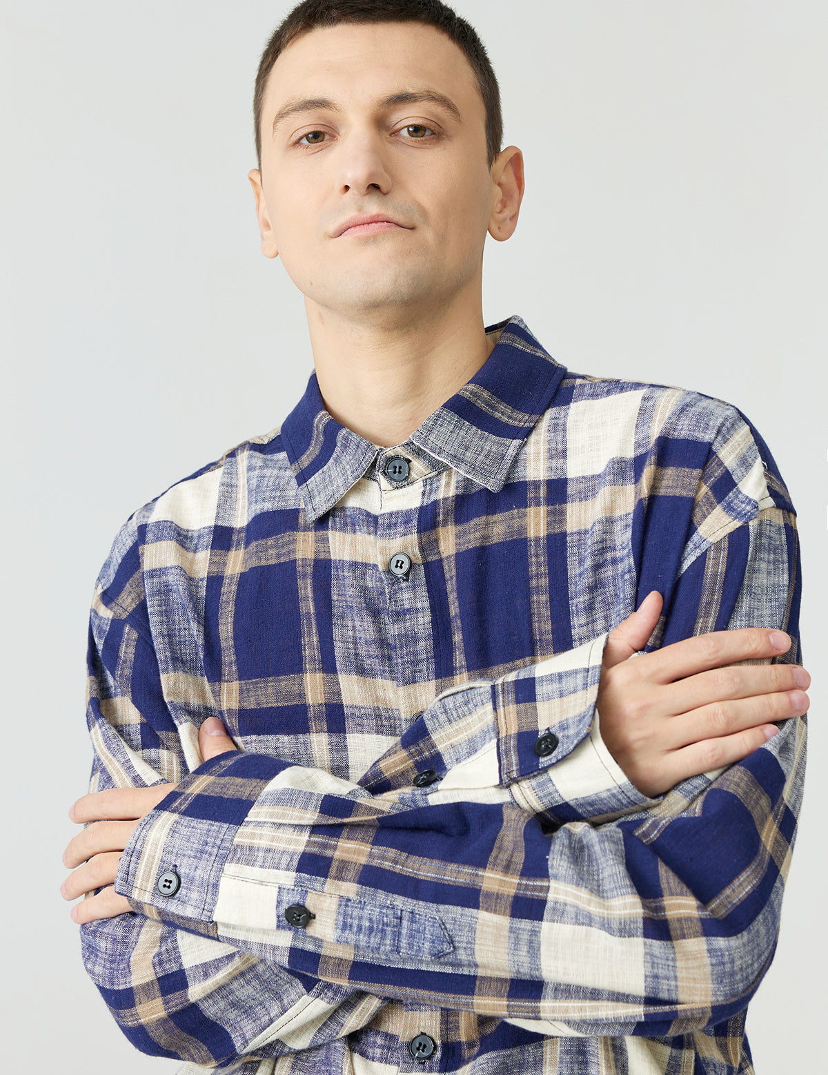 Dropped Shoulder Cotton Linen Vintage Plaid Shirt