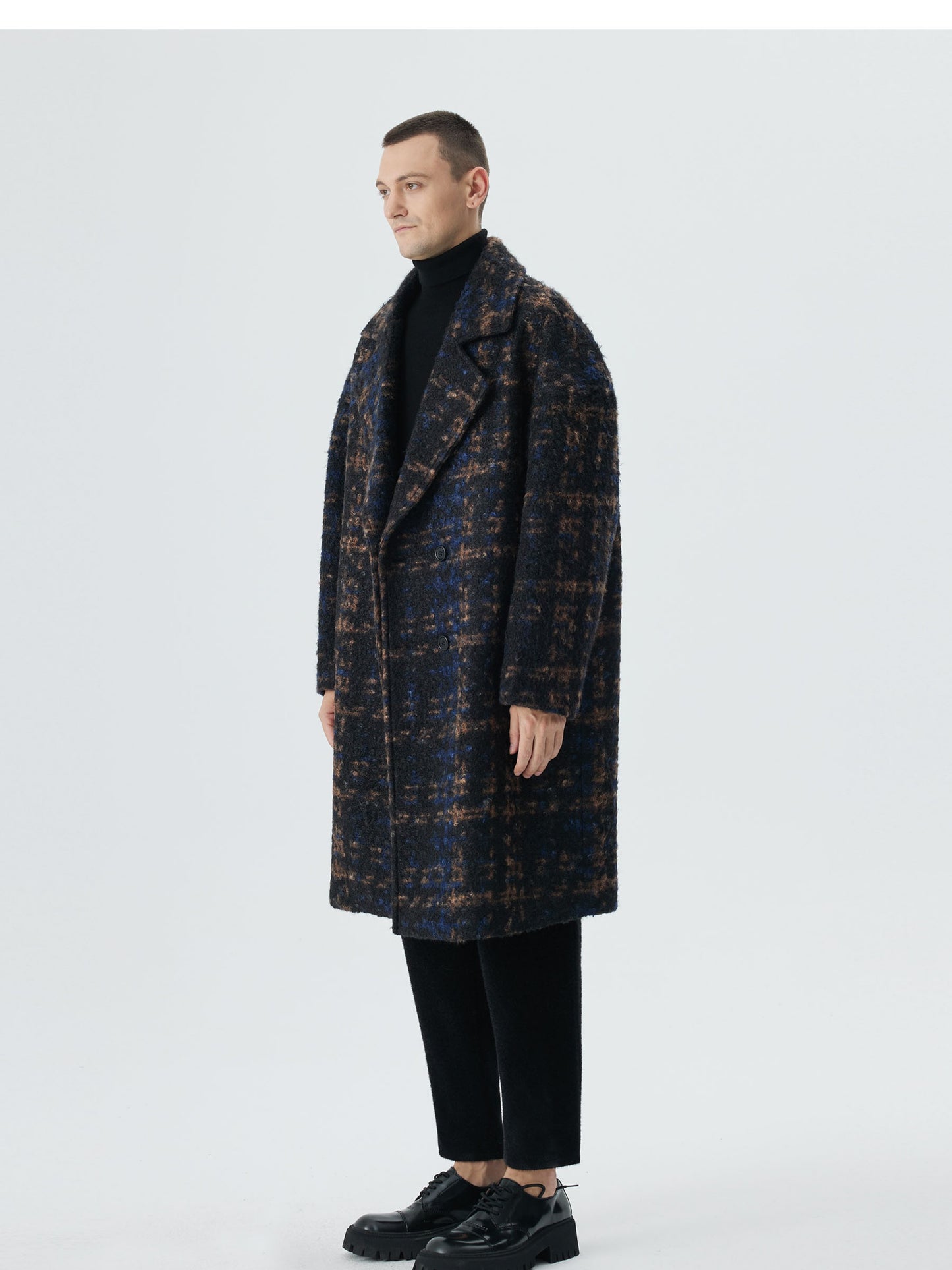 Double-Breasted Overcoat with Bold Plaid Pattern