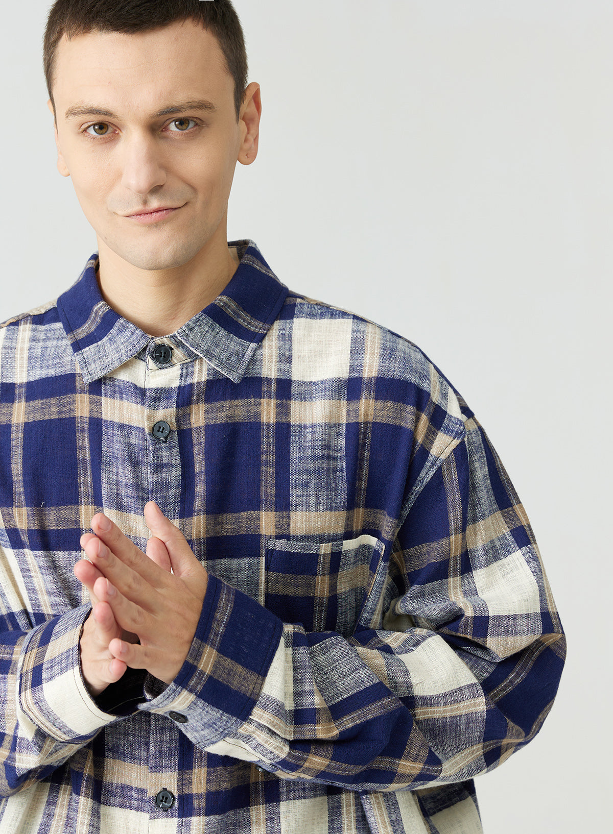 Dropped Shoulder Cotton Linen Vintage Plaid Shirt