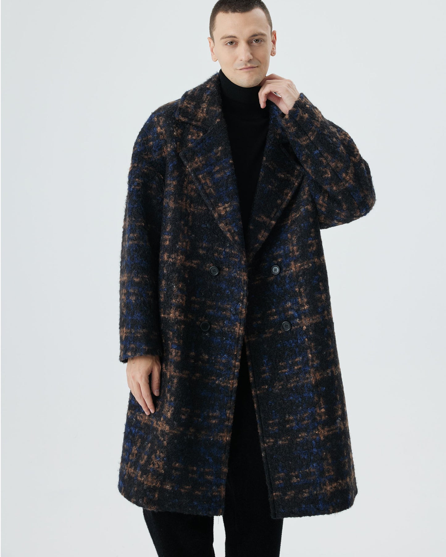 Double-Breasted Overcoat with Bold Plaid Pattern