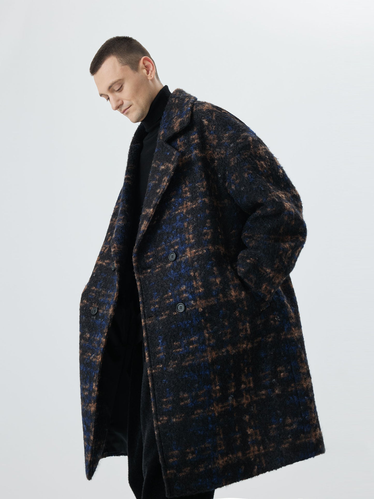 Double-Breasted Overcoat with Bold Plaid Pattern