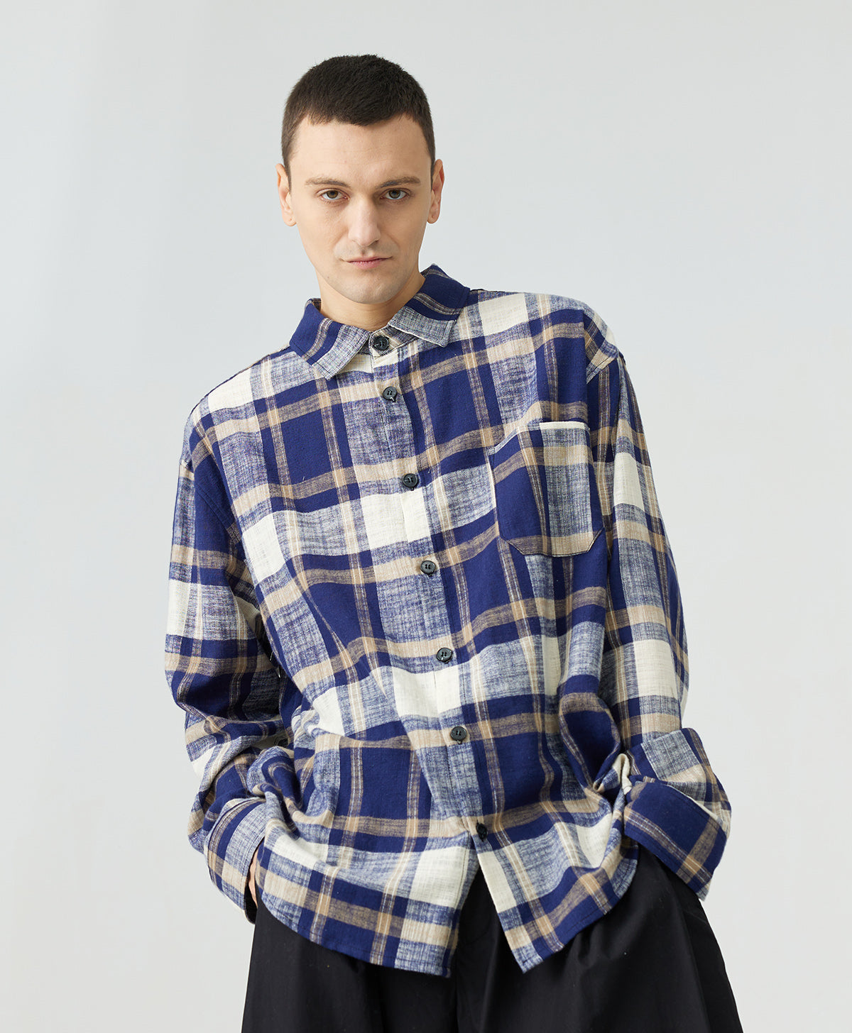 Dropped Shoulder Cotton Linen Vintage Plaid Shirt